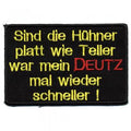 AUFNÄHER - Sind die Hühner platt wie Teller - 01732 - Gr. ca. 9 x 5,5 cm - Patches Stick Applikation
