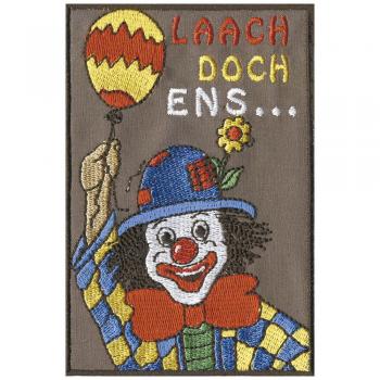 AUFNÄHER "CLOWN mit Luftballon - Laach doch ens..." NEU Gr. 7,5cm x 11cm (04984) Applikation Stick Patches Aufbügler