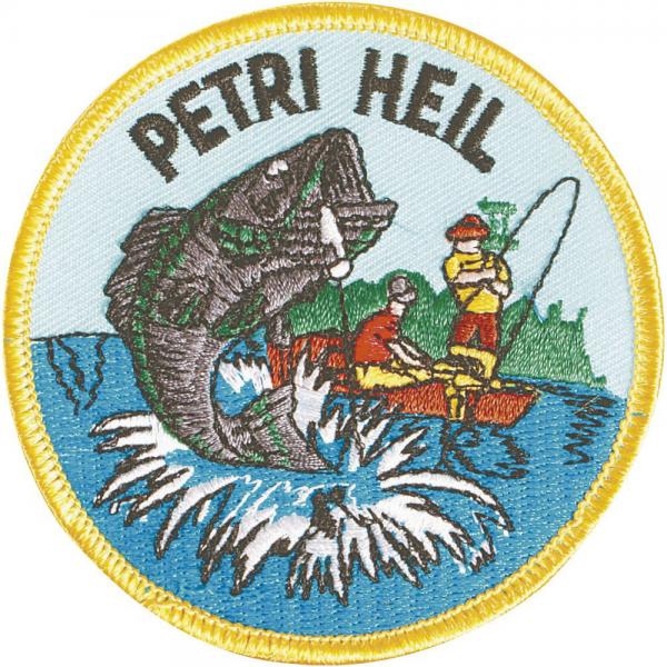 Aufnäher - Petri Heil - 04367 Gr. ca. Ø 7 cm Patches Stick Applikation